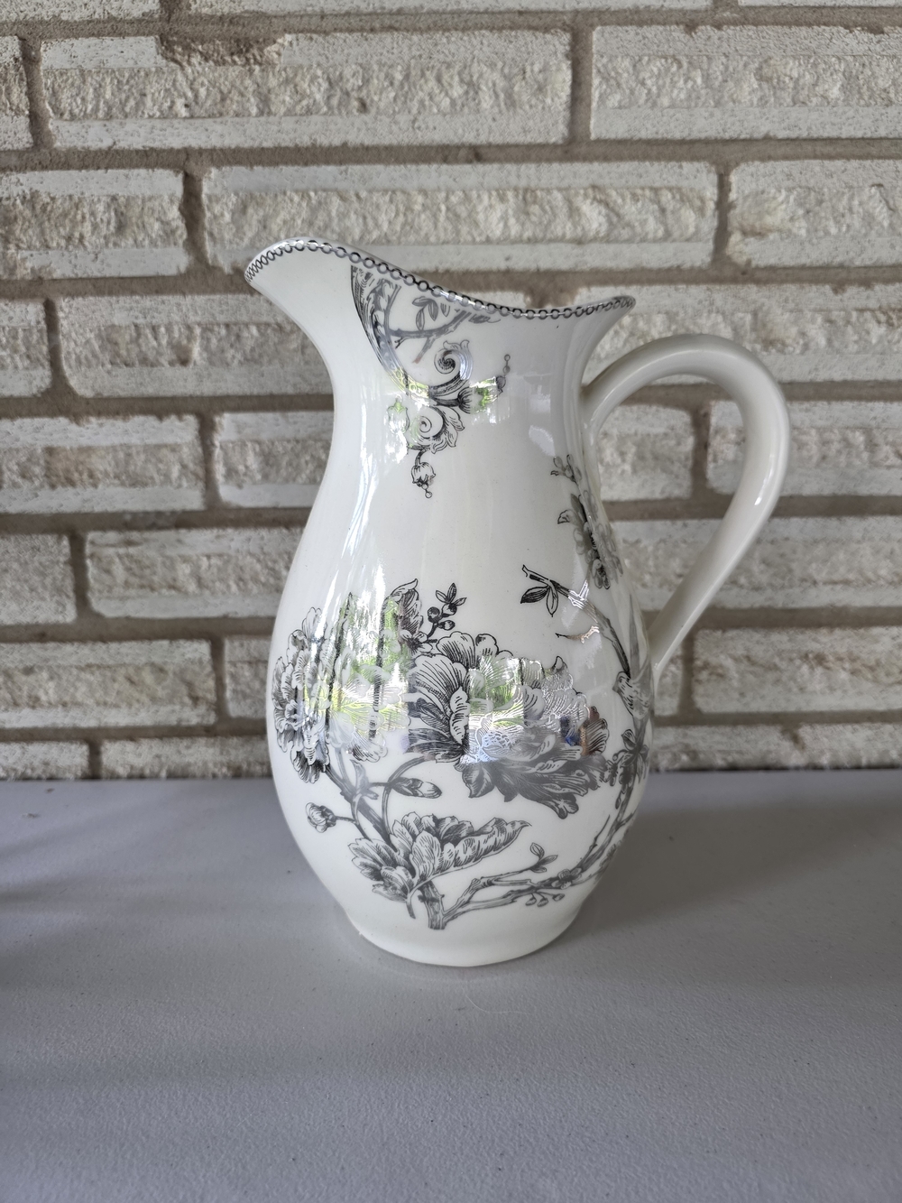 Vintage Style Black & White Floral Ceramic Pitcher Toile De Jouy